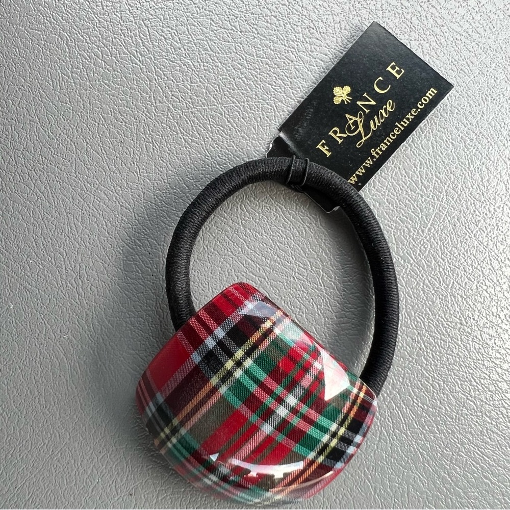 NEW France Luxe Plaid Ponytail Holder Hair Tie Red Tartan Made in France NWT